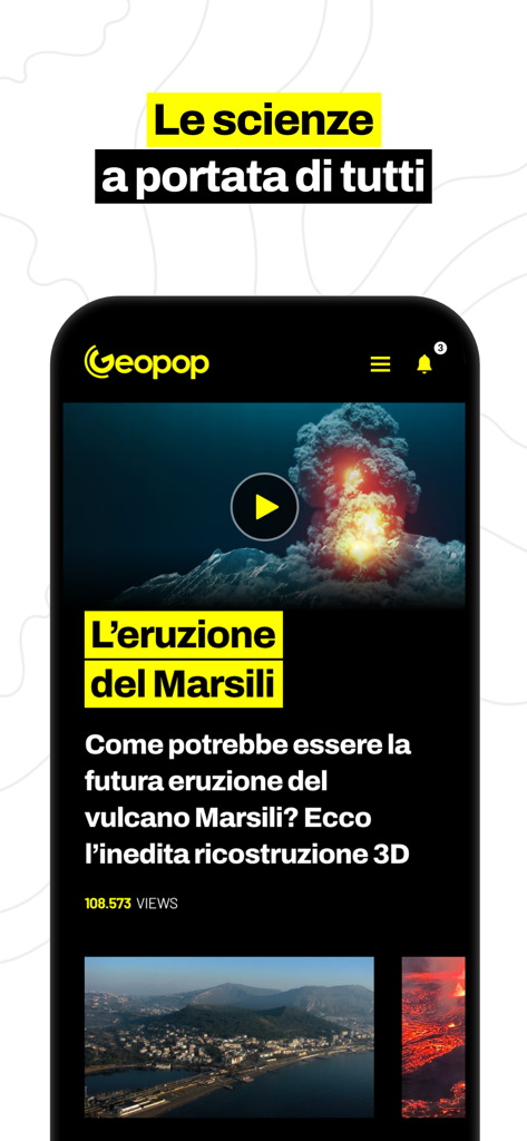 Geopop mobile app home screen featuring a scientific video about a volcano eruption reconstruction.