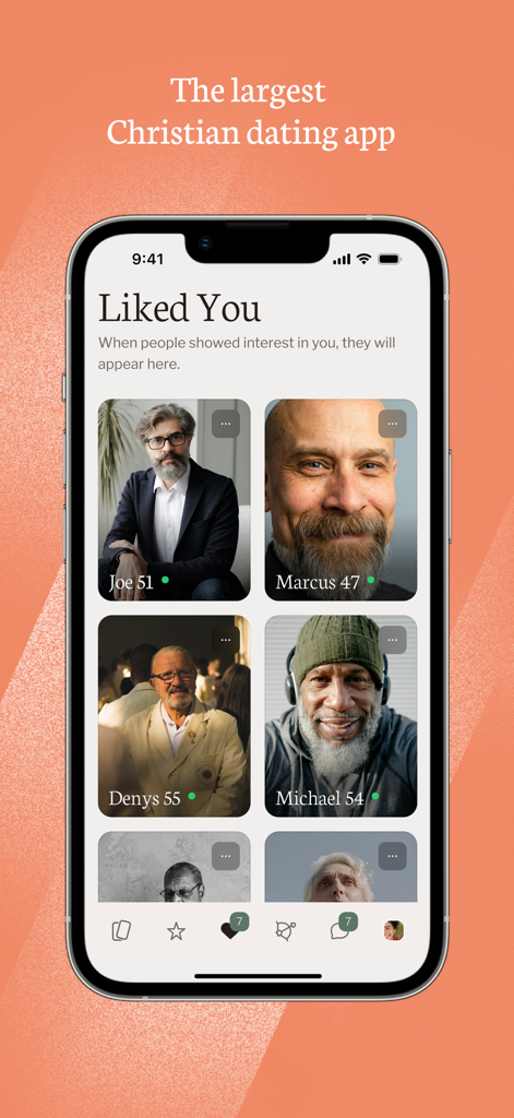 Interface of the Christian Mingle app showing the Liked You section with male member profiles