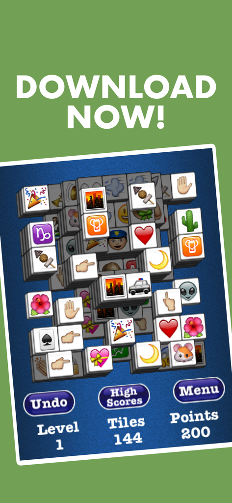 Una captura de pantalla del juego de Mahjong Jewels Solitaire con fichas de emoji emparejándose sobre un fondo azul.