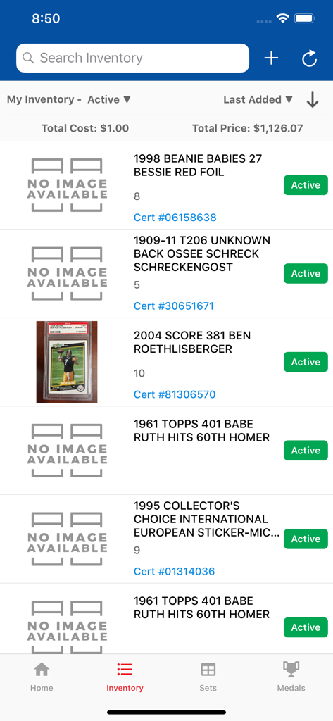 PSA Set Registry - PSA Set Registry app inventory view showing graded card details and certification numbers