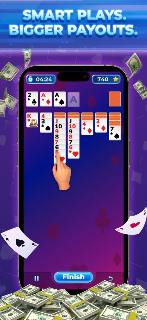 Gameplay of Solitaire Sprint mobile game showing a card match and stacks of cash prizes.
