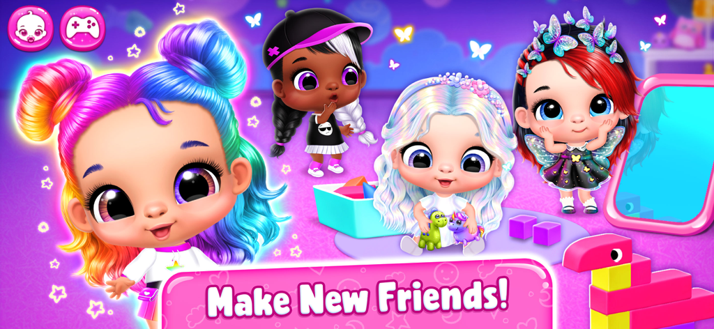 Giggle Babies - Toddler Care - Four cute cartoon toddlers with colorful hair and accessories in a playful setting with the text Make New Friends