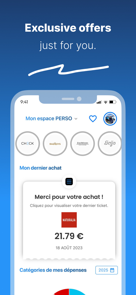 CHECK - Your digital receipts - CHECK app interface displaying exclusive shopping offers and a summarized digital receipt