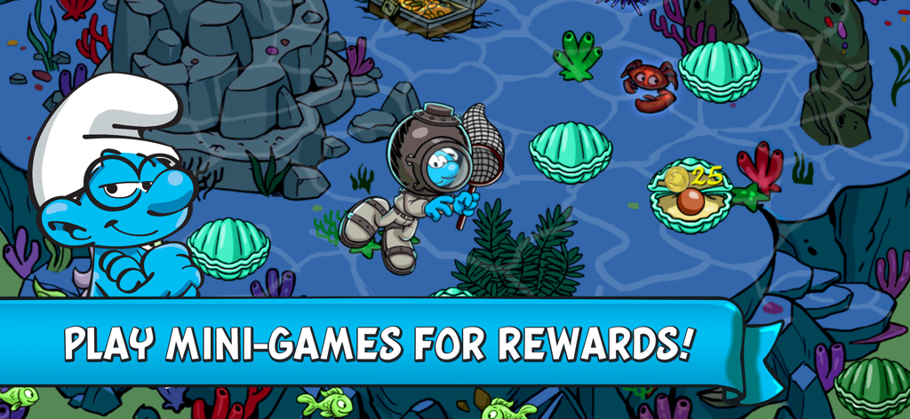 A Smurf in a diving suit collecting rewards in an underwater mini game