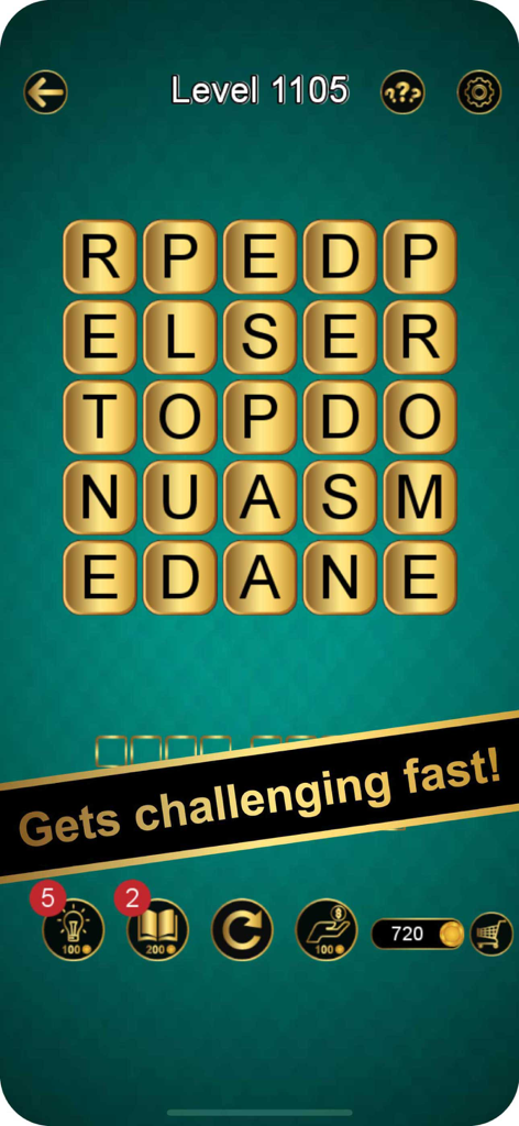 Capture d'écran du jeu Word Spell montrant une grille 5x5 de tuiles de lettres dorées au niveau 1105