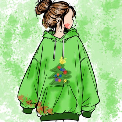 realistic girl with a oversized sweatshirt on and a bun
