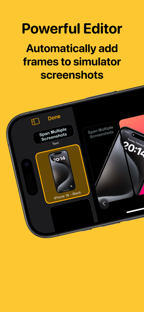 Picasso App Screenshot Studio - Interfaz del editor de Picasso App Screenshot Studio mostrando el encuadre automático de dispositivos para capturas de pantalla del simulador de iPhone.