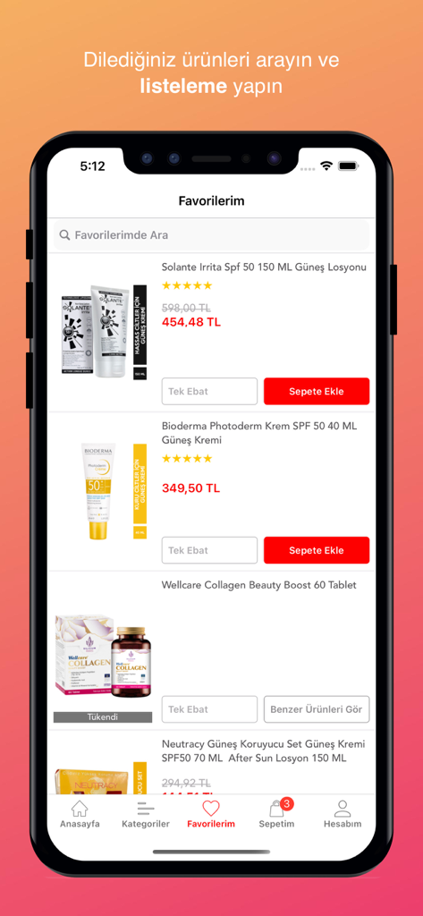 Nar Ecza - Nar Ecza app screen showing a list of favorite dermocosmetic and supplement products