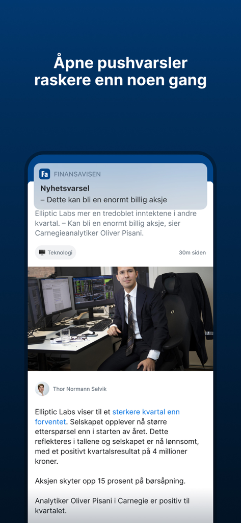 Finansavisen - Finansavisen app interface showing a push notification for a news alert and stock market analysis article