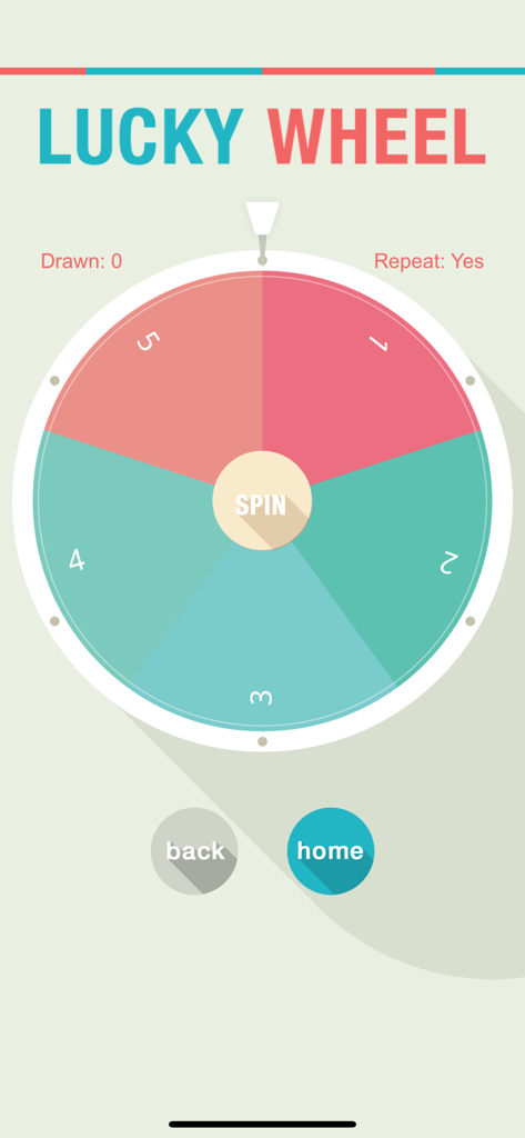 ランダムな意思決定のためのスピンボタンを備えた中央にあるカラフルな5セグメントのラッキーホイール