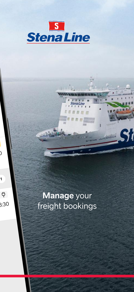 Freight Planner - Pantalla de presentación de la aplicación Freight Planner de Stena Line con un ferry y texto de gestión de reservas