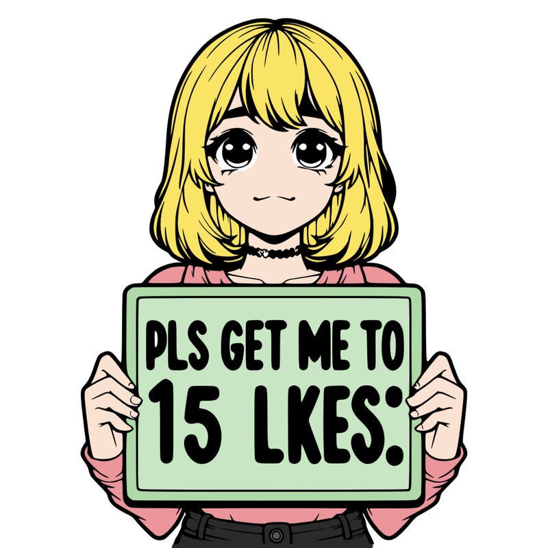 realistic girl holding up a sign that says “pls get me to 15 likes!”