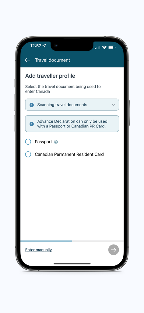 Interface of the ArriveCAN app showing the travel document selection screen for a traveller profile