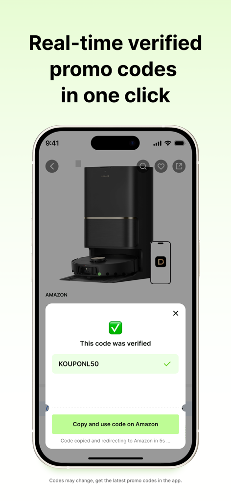 Smartphone screen showing a verified discount code in the Koupon app for an Amazon product