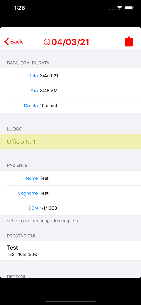 Doctor's Office 2021 - Mobile Oberfläche eines medizinischen Termins mit Patientenangaben, Uhrzeit, Dauer und Praxisstandort.