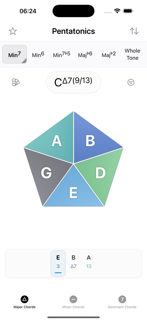 Pentatonics - Take Five - Mobile app interface showing a colorful pentagon visualizer mapping musical notes from a pentatonic scale over a jazz chord.