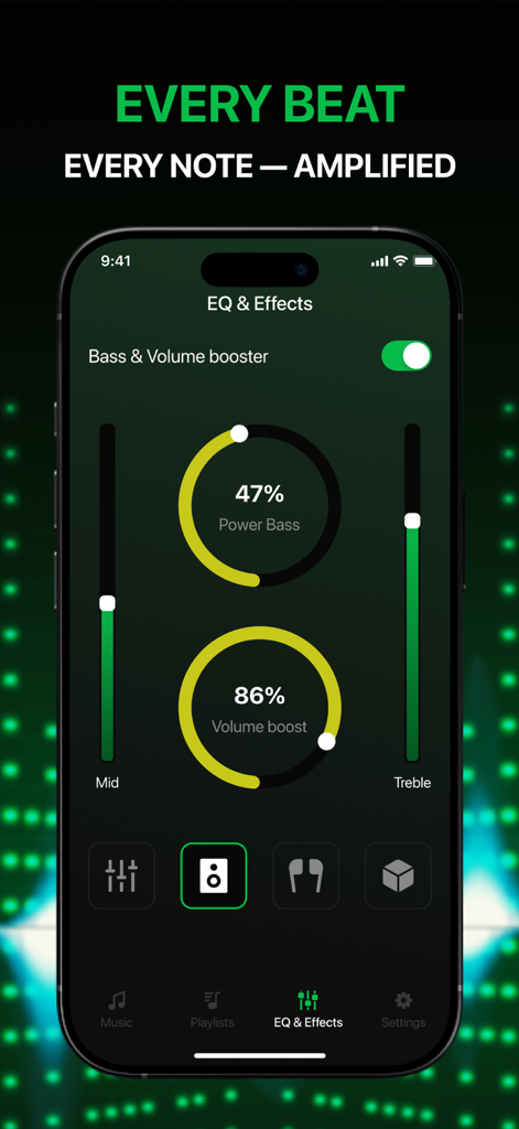 Music Equalizer - Tuner Boost - Captura de pantalla de iPhone de la aplicación Music Equalizer que muestra diales de control de Power Bass y Volume Boost con controles deslizantes de acento verde.