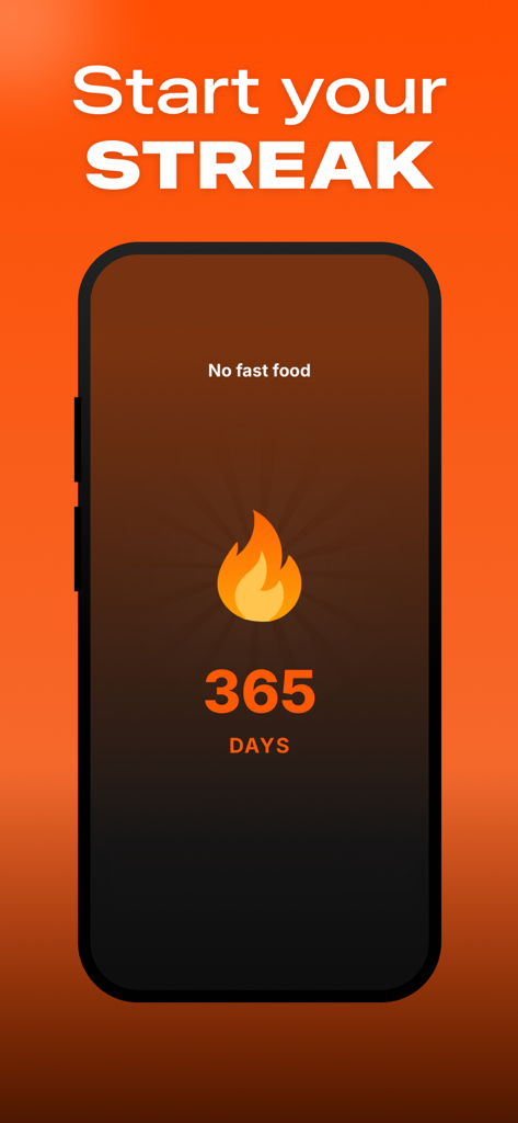 A mobile screen showing a 365 day streak for the habit No fast food with a flame icon on an orange background