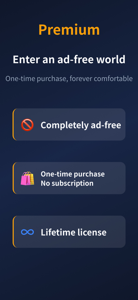 pomo - Pomodoro Focus Timer - Screenshot der Pomo App Premium-Seite, die werbefreies Erlebnis, Einmalkauf und lebenslange Lizenzfunktionen hervorhebt