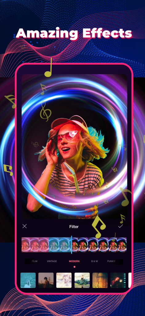 Vlog Star Maker app interface showing glowing neon light effects and video filters.