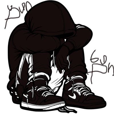 depressed man wearing hoodie and jordan shoes and baggy jeans