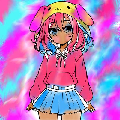 pretty anime girl wearing a fluffy hoodie with bunny ears on the hood and a skirt