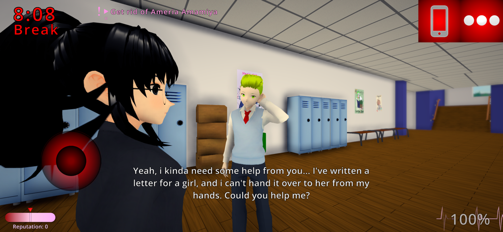 Anime characters talking in a school hallway with a quest objective in Ai To Noroi