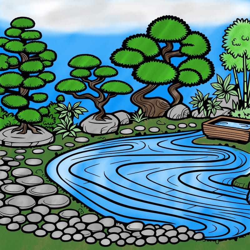 a serene zen garden with raked gravel, bonsai trees, and tranquil ponds