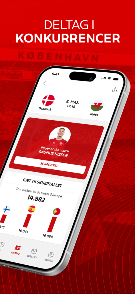 ForDanmark - ForDanmark app screen featuring player of the match voting and fan competition features.
