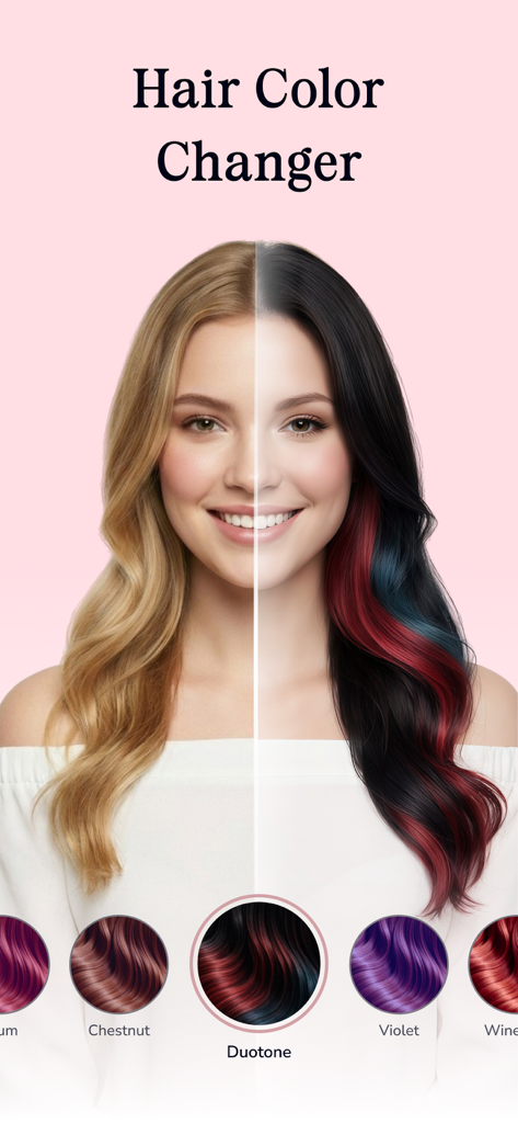 Hair Color Changer: HairHue AI - Vista de pantalla dividida que muestra a una mujer con cabello rubio transformándose a un color duotono oscuro con reflejos rojos y azules usando la aplicación HairHue AI.