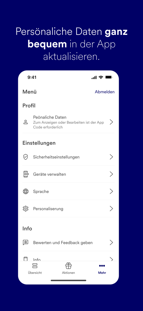 PayLife app settings menu showing profile update and security options