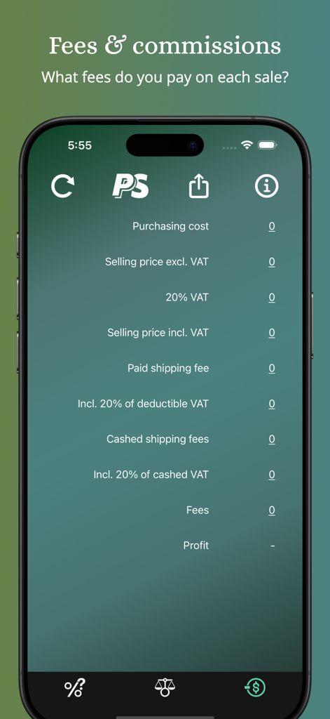 ProCalc.app: Margin, BreakEven - ProCalc app interface showing the fees and commissions calculator for business sales