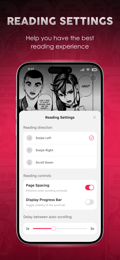 Manga Galaxy app reading settings screen featuring options for reading direction and auto-scrolling delay