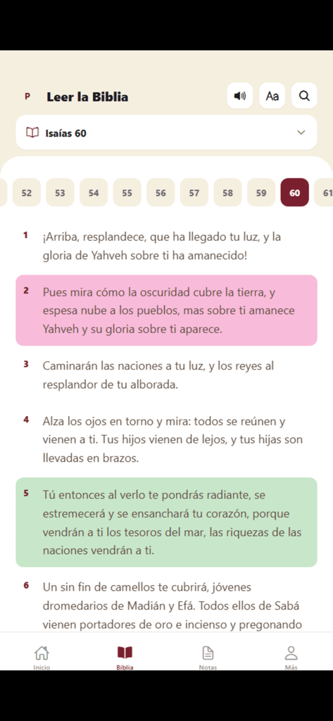 La Biblia de Jerusalén - BJC - Reading interface of the Jerusalem Bible app showing Isaiah 60 with highlighted verses in Spanish