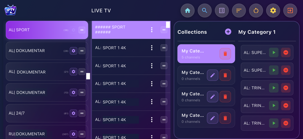 Smarter IPTV Stream: LiveTV - Interface do aplicativo Smarter IPTV Stream mostrando categorias de canais de TV ao vivo e coleções personalizadas