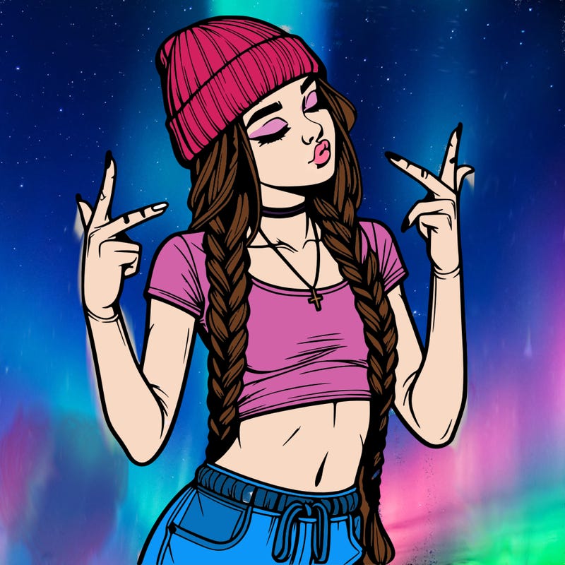 realistic teenage girl with braids and a beanie and crop top doing 🫶🏼