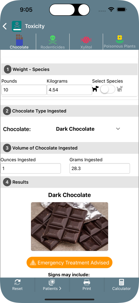 Vetcalculators - Vetcalculators app screen for calculating dog chocolate toxicity risk and emergency advice.