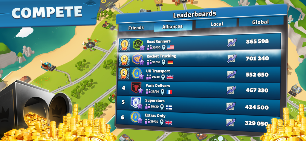 Leaderboard screen in Transit King Truck Simulator showing global alliance rankings and competition