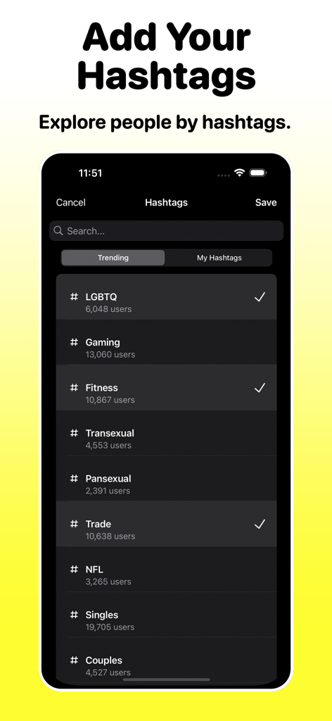 Dizkover: Find Friends Near Me - Dizkover app interface showing trending hashtags like LGBTQ and gaming to find friends with shared interests.