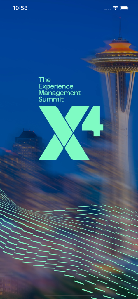 X4 Experience Management Summit splash screen with Seattle Space Needle and logo