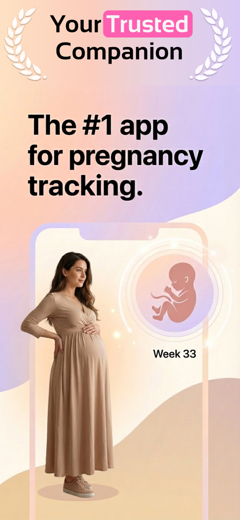 Interfaz de la aplicación de seguimiento de embarazo Bask que muestra a una mujer embarazada y el desarrollo fetal para la semana 33