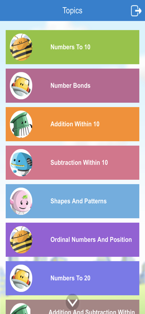 MCEduHub - A mobile interface of the MCEduHub app showing a list of primary math lessons like number bonds and addition.