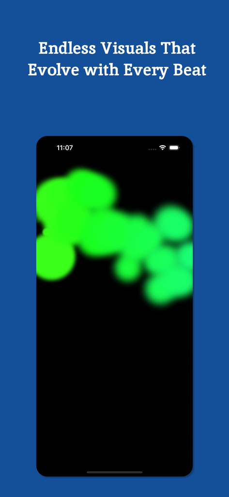 A smartphone displaying green glowing circular visual effects on a black background reacting to music beats.