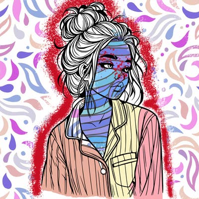 realistic woman with pajamas on and a messy bun