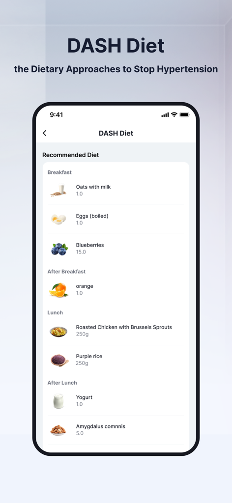 高血圧管理のための推奨DASHダイエットミールプランを示すモバイル画面