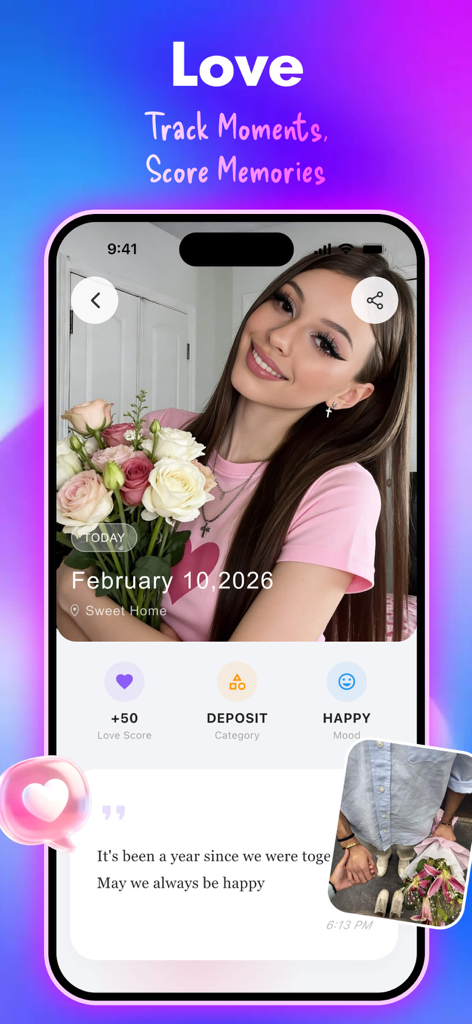 Drawn - Record Love - A screenshot of the Drawn app displaying a romantic journal entry with a photo of a woman holding flowers, a love score of plus fifty, and a sentimental note about an anniversary.