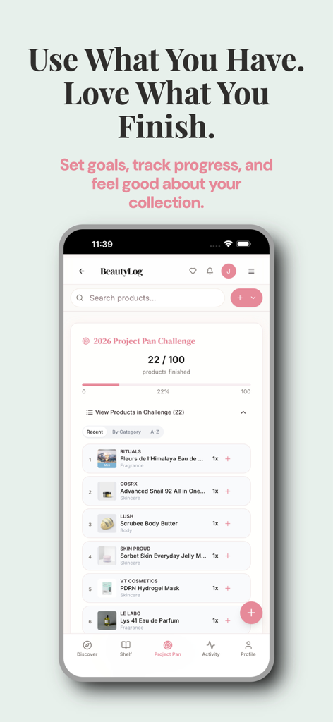 BeautyLog: Beauty Tracker - Screenshot of the BeautyLog app showing the Project Pan Challenge interface to track finished skincare and makeup products.