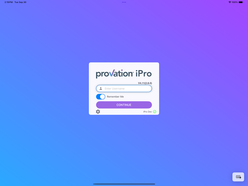 iPro Anesthesia 2 - Login interface for the iPro Anesthesia 2 iPad app featuring username input and continue button