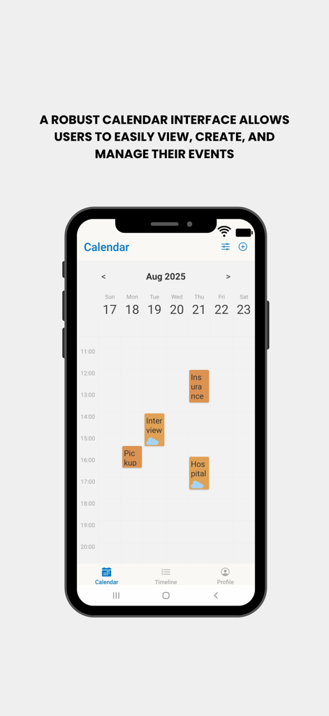 Weather-Calendar - A mobile calendar interface showing a weekly schedule with event blocks and integrated weather icons