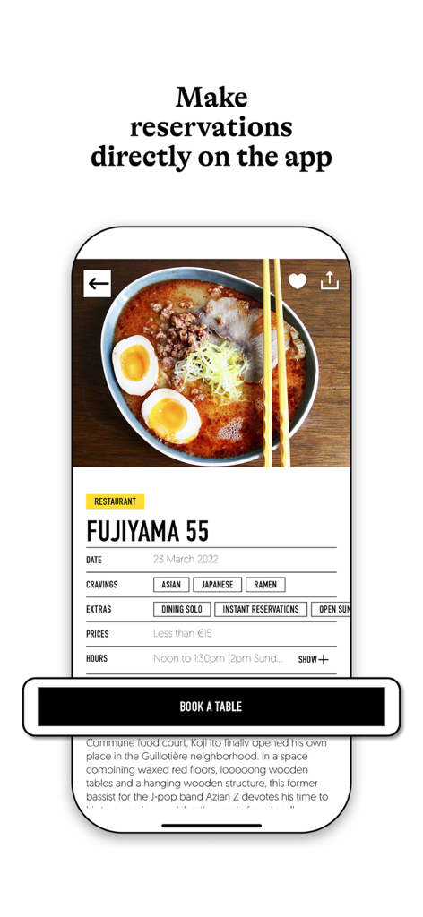 FOODING® - Mobile app screenshot showing a restaurant profile with a ramen dish and a prominent book a table button.